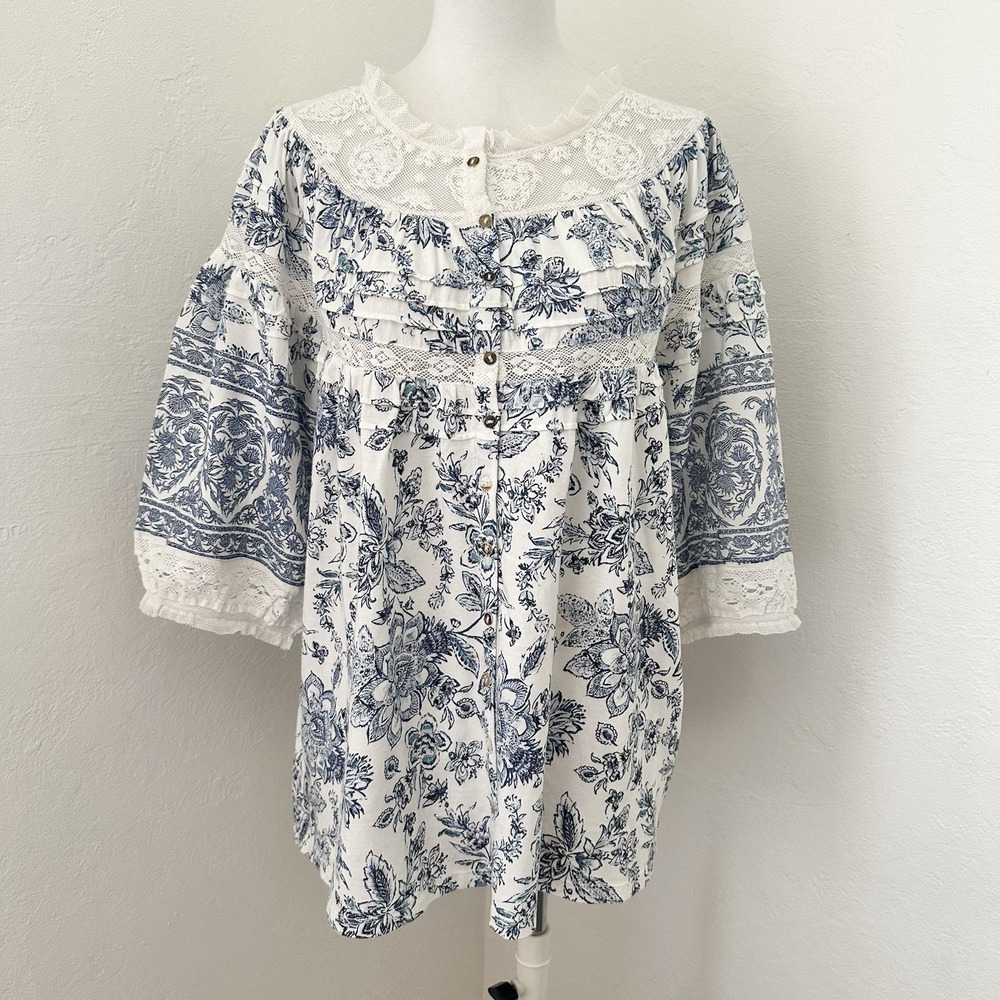 Sundance Top Womens M Blue Floral Lace Cottagecore Puff Sleeve Button Up - Picture 2 of 10